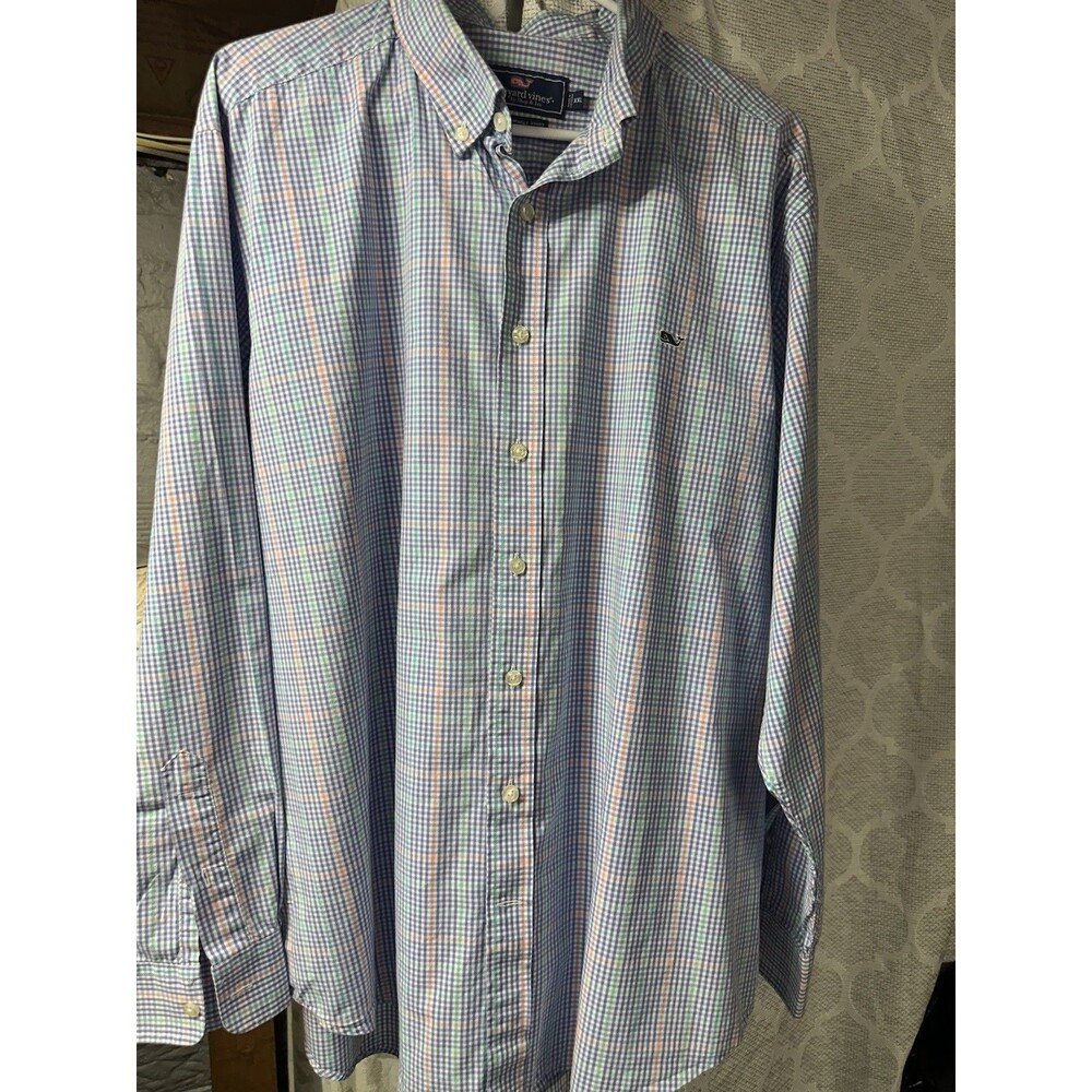 Vineyard Vines Slim Fit Whale Shirt XXL Plaid Blue Green Pink Cotton Men's Dress